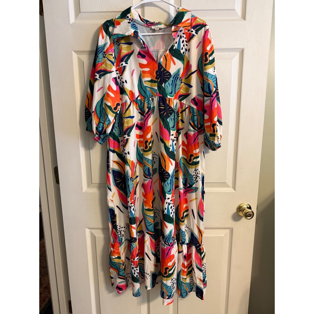 Umgee USA Tropical Leaf Print Tiered Maxi Dress Womens Medium Multi Color Boho